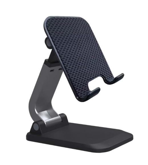 Suporte de mesa ajustável para celular, ideal para balcão de loja ou uso em escritórios.